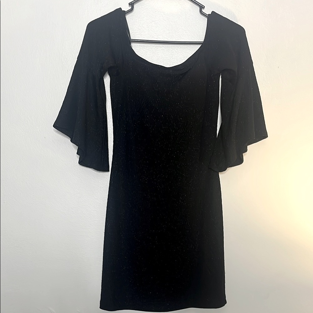Black dress w/ flare sleeves, slight shimmer! Classic style, off shoulder